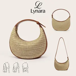 Straw Crossbody Bag for Women Beach Woven Hobo Handbag Summer Chic Crescent Shoulder Purses with Adjustable Strap