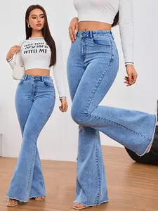 Tall High-Waisted Vintage Style Women Jeans, Slim-Fitting Stretch Flare Denim Jeans, Solid Pattern, Street Fashion for All Seasons