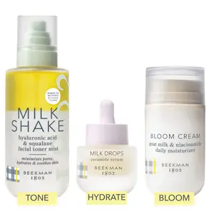 Beekman 1802 Sensitive Skin MVPs - 3 Step Routine with Milk Shake Facial Toner, Milk Drops Ceramide Serum, and Bloom Cream Niacinamide Daily Moisturizer