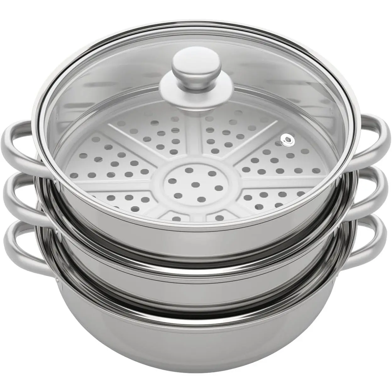 3-Tier Overlapping Stainless Steel Steamer Pot - Round Kitchenware with Transparent Glass Cover, Durable Handles, Infusion Grooves, Induction Compatible for Seafood, Rice