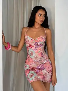 New Women Multicoler Sequin Splicing Sexy Backless Lace-Up Mini Slim Halter Dress , Embroidered Sequin Dress,Classy Dress For Women,Date Night Dress,Party Outfits,Sexy Party Dress,Cocktail Dress Short,Vacation Outfits Woman, Dresses For Women Party,Sexy H