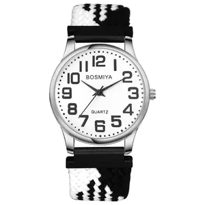 OIDEA Unisex Large Numeral Expansion Watch, Black-White Woven Elastic Band, Analog Quartz, Senior-Friendly Slip-On, Classic Style