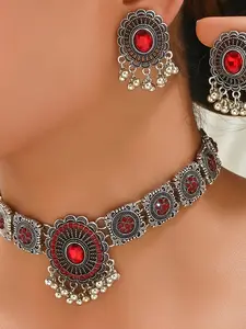 Indian Style Geometric Luxury Necklace & Earrings Set, Boho Ethnic Fashion Jewelry for Women, Perfect Gift for Vacation