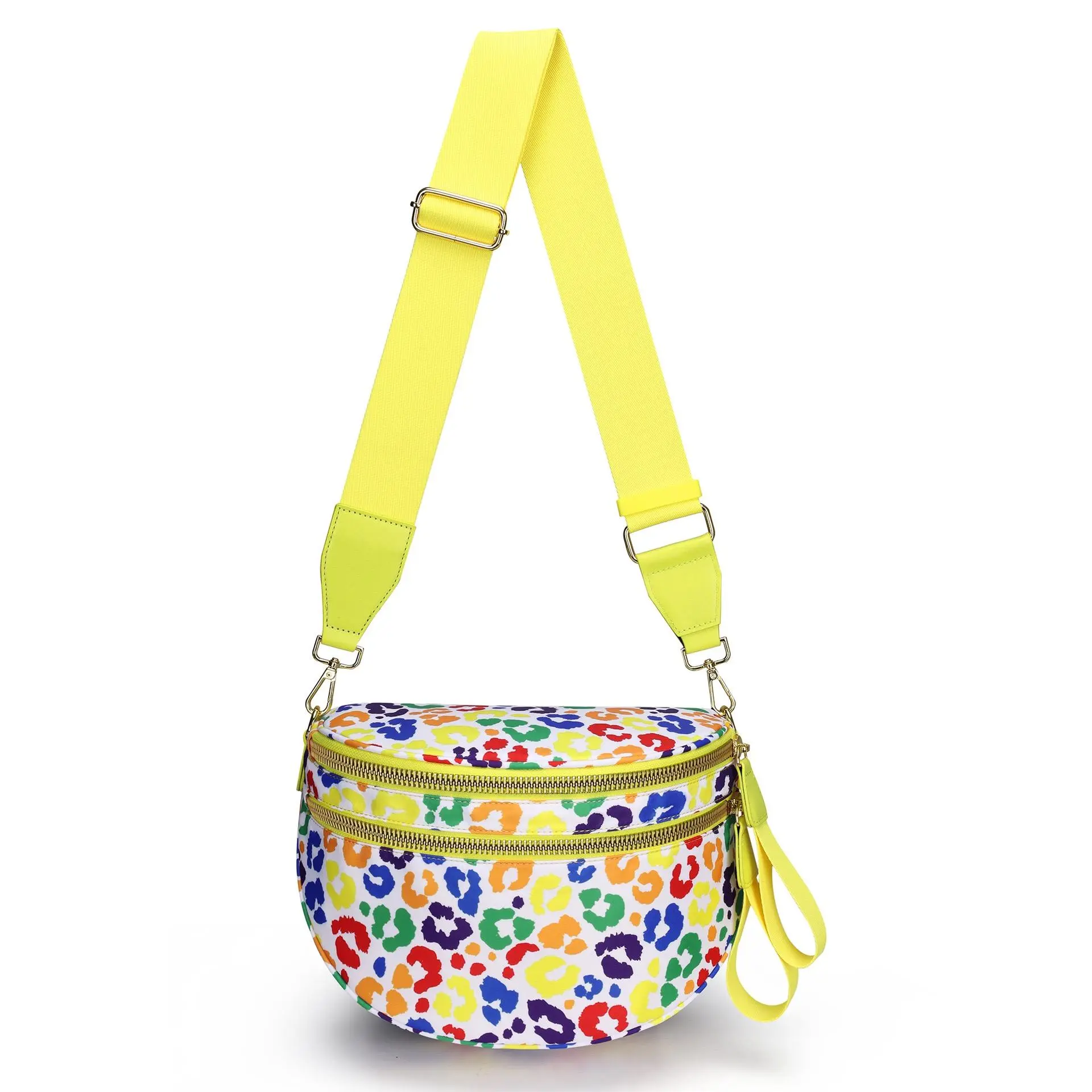 【CC SHOP]Women Leopard Print Nylon Sling Crossbody Bag, Double Zipper Half Moon Waist Fanny Pack, Adjustable Wide Shoulder Strap Casual Travel Chest Purse with Wrist Strap