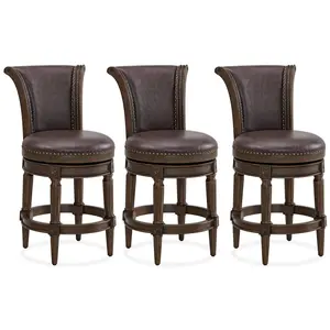 ROME + OAK Runyan Counter Stool, Dark Walnut, Vintage Brown Vegan Leather, Set of 3