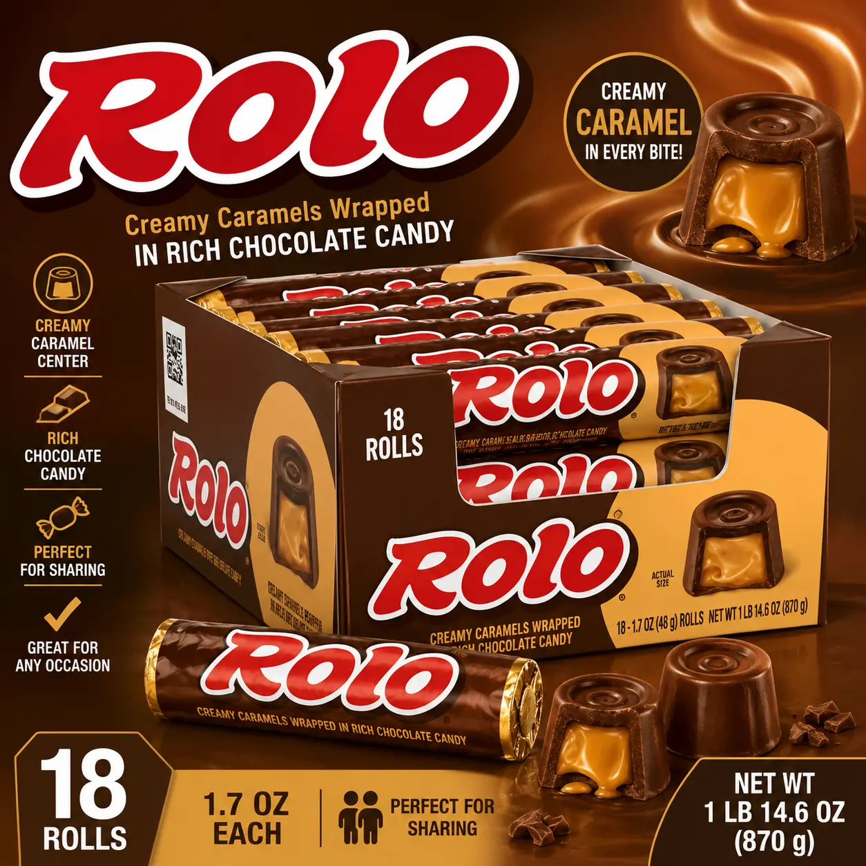 ROLO Creamy Caramels Chocolate Candy Bar 1.7 oz 18 Count Milk Chocolate Caramel Candy