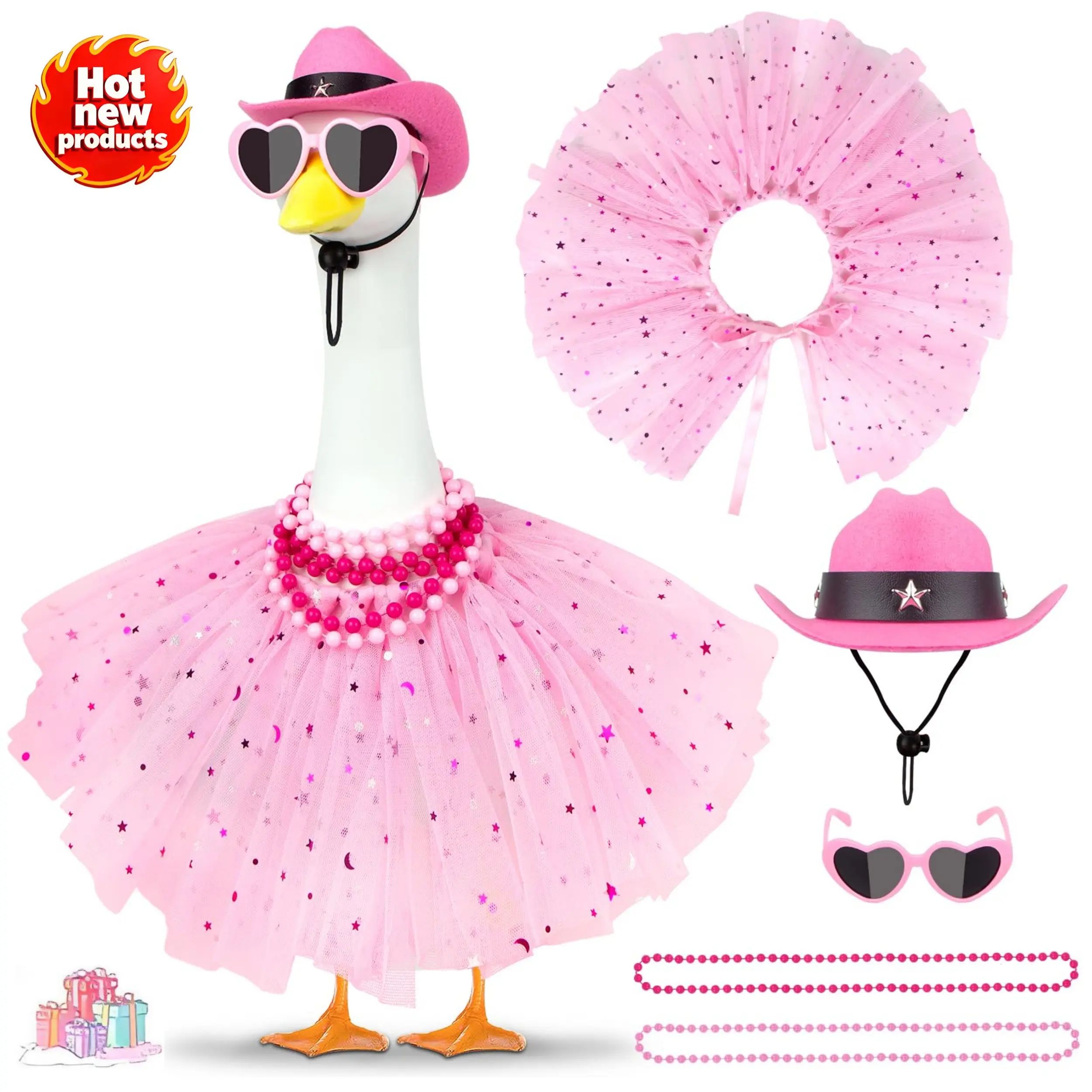 23" Tailored Porch Goose Costume Set - Pink Cowgirl Outfit with Tutu Dress, Cowboy Hat, Sunglasses, Beads, Adjustable Strap, Lightweight Set Makes Setup Simple | Outdoor Decor (No Goose), Pink Cowgirl Vibe For Playful Parties