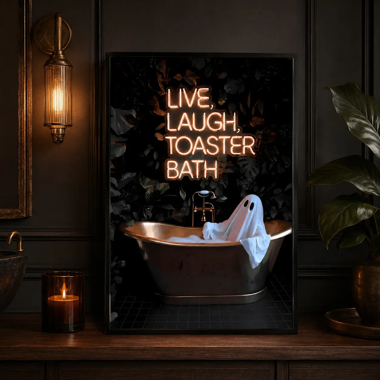 Framed Canvas Wall Art, Live Laugh Toaster Bath Funny Ghost Bathtub Neon Sign Print, Spooky Gothic Humor Poster For Bathroom Dark Cottagecore Home Decor