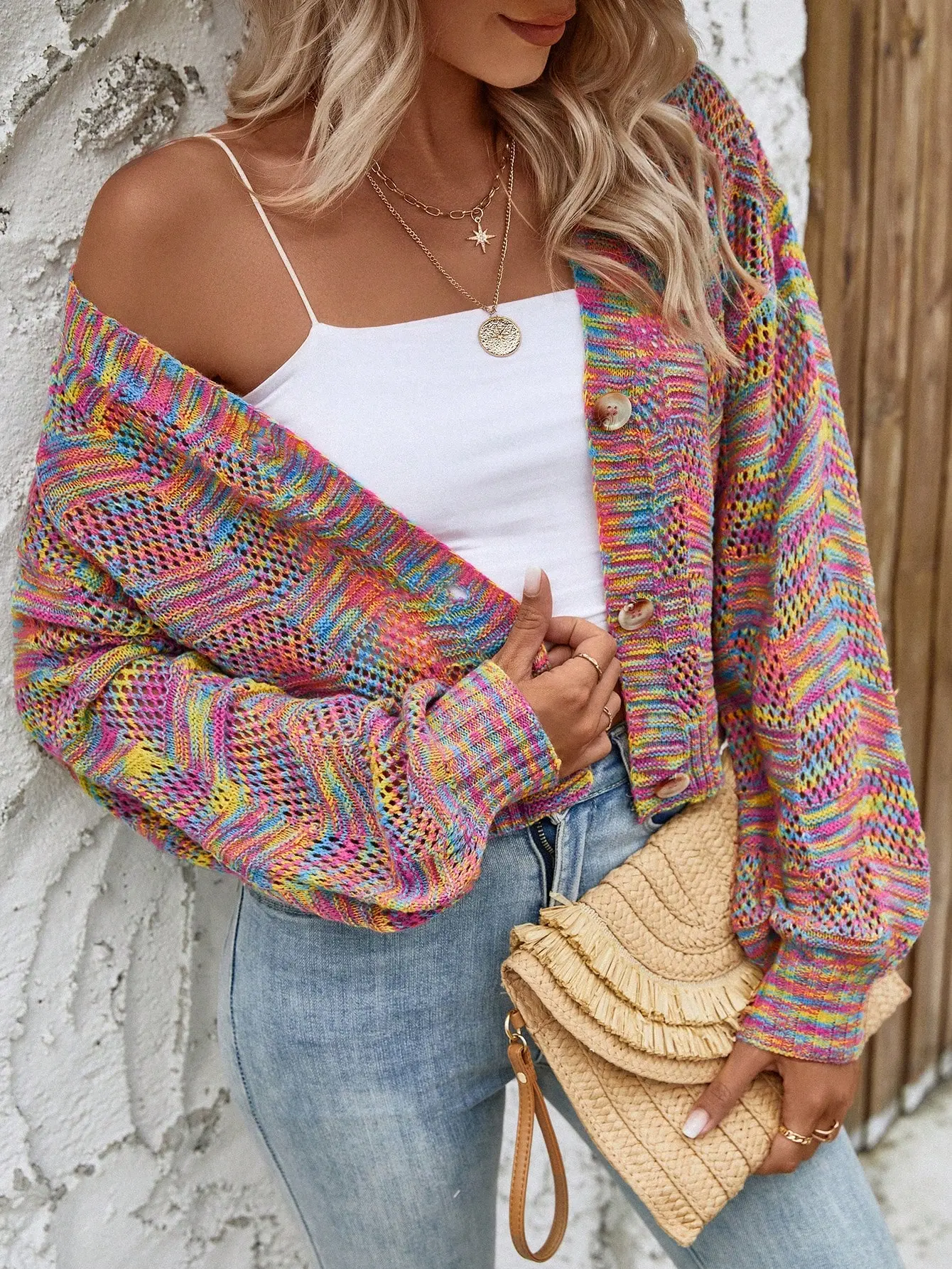 Candle Space Dye Drop Shoulder Cardigan Long Sleeve Top Fall Winter Knitwear For Women Cozy Casual Fashion