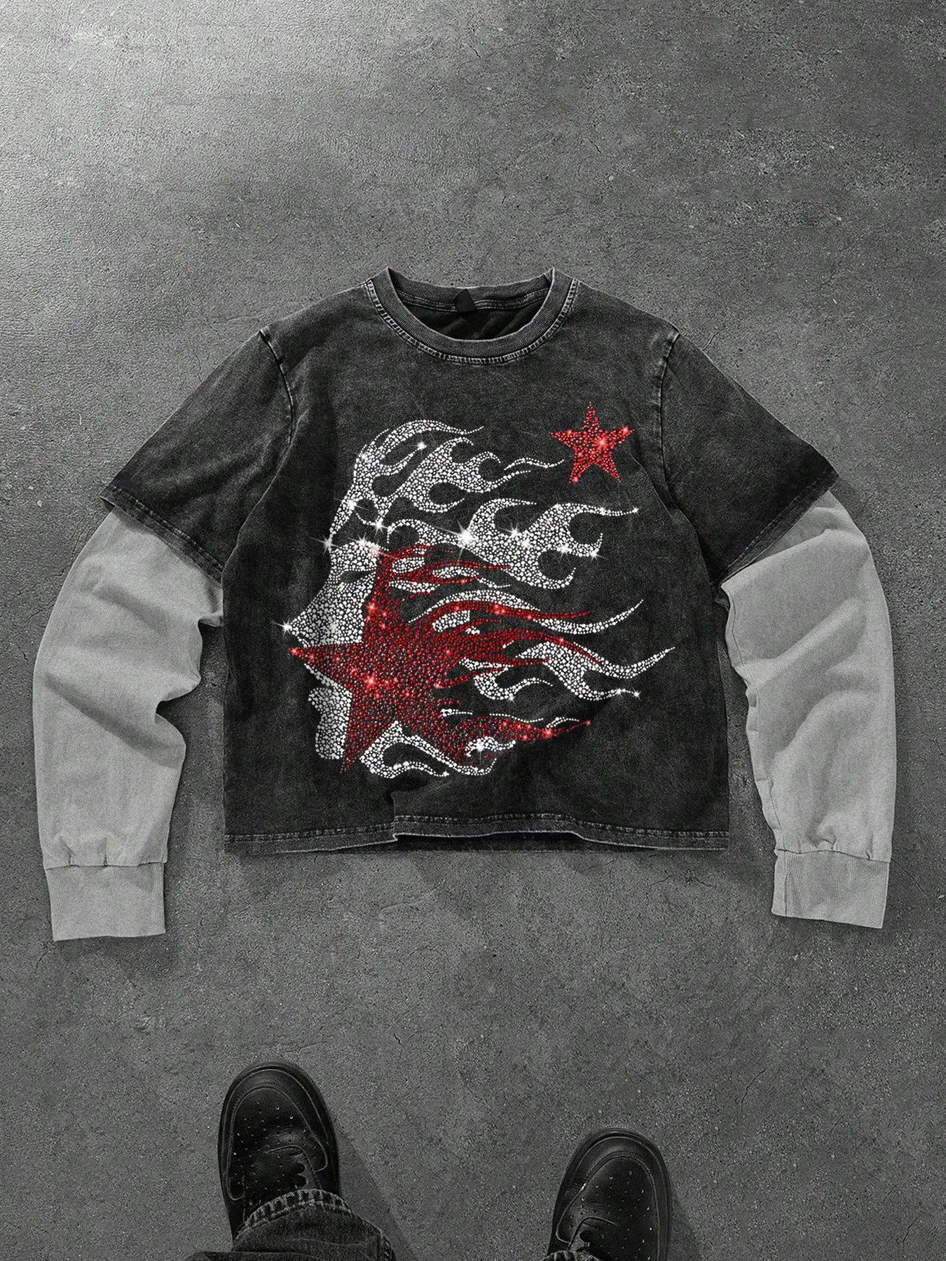 Men's Two-Piece Long Sleeve T-Shirt, Tops, Graphic Flame Star Face Print, Colorblock Design, Vintage Distressed Texture, Casual Fit, Streetwear, Spring & Fall