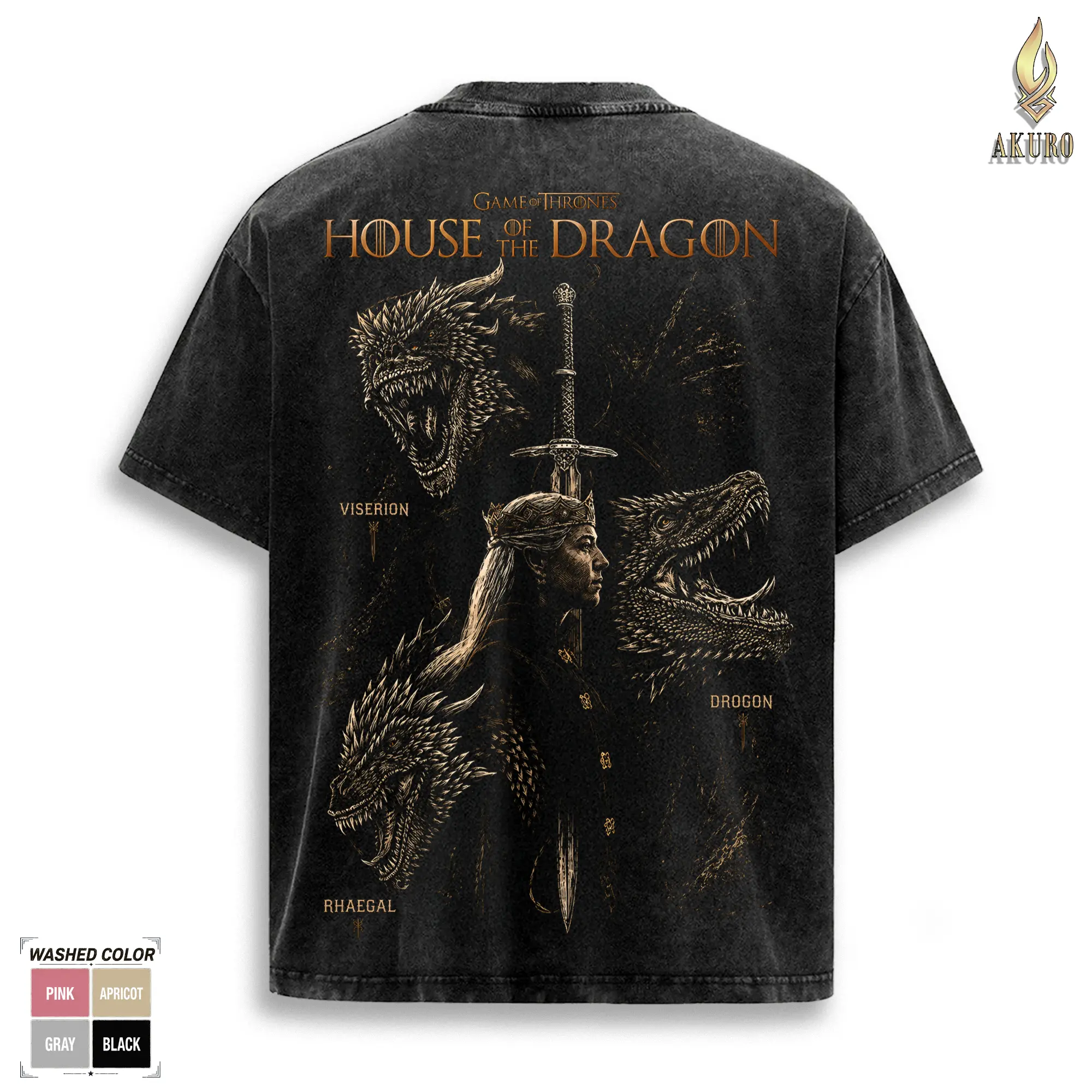 Men's House of The Dragon T-Shirt - House Targaryen Dragon Graphic Tops, Game of Thrones Vintage Washed Oversized Apparel, Seamless Short-Sleeve Round Neck Soft Cotton Streetwear Gift for Fans, Shortsleeve