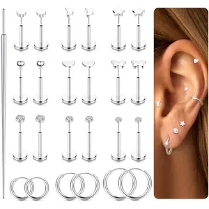 LOYALLOOK Threadless Flat Back Earrings 316L Surgical Steel Gold Cartilage Earrings for Women Men Hypoallergenic Small Hoop CZ Push in Flatback Stud Earrings 20G 18G Flat Back Nose Stud Tragus Helix Conch Piercing Jewelry