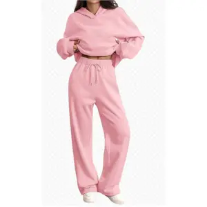 Women's Pink Fleece-Lined Hoodie and Wide-Leg Sweatpants Set - Comfortable Winter Outfit, Features Adjustable Drawstring Hood, Soft Fleece Lining, Loose Fit Suitable for Autumn and Winter Casual Outfits, Suitable for Casual Outings long sleeve zipper desi