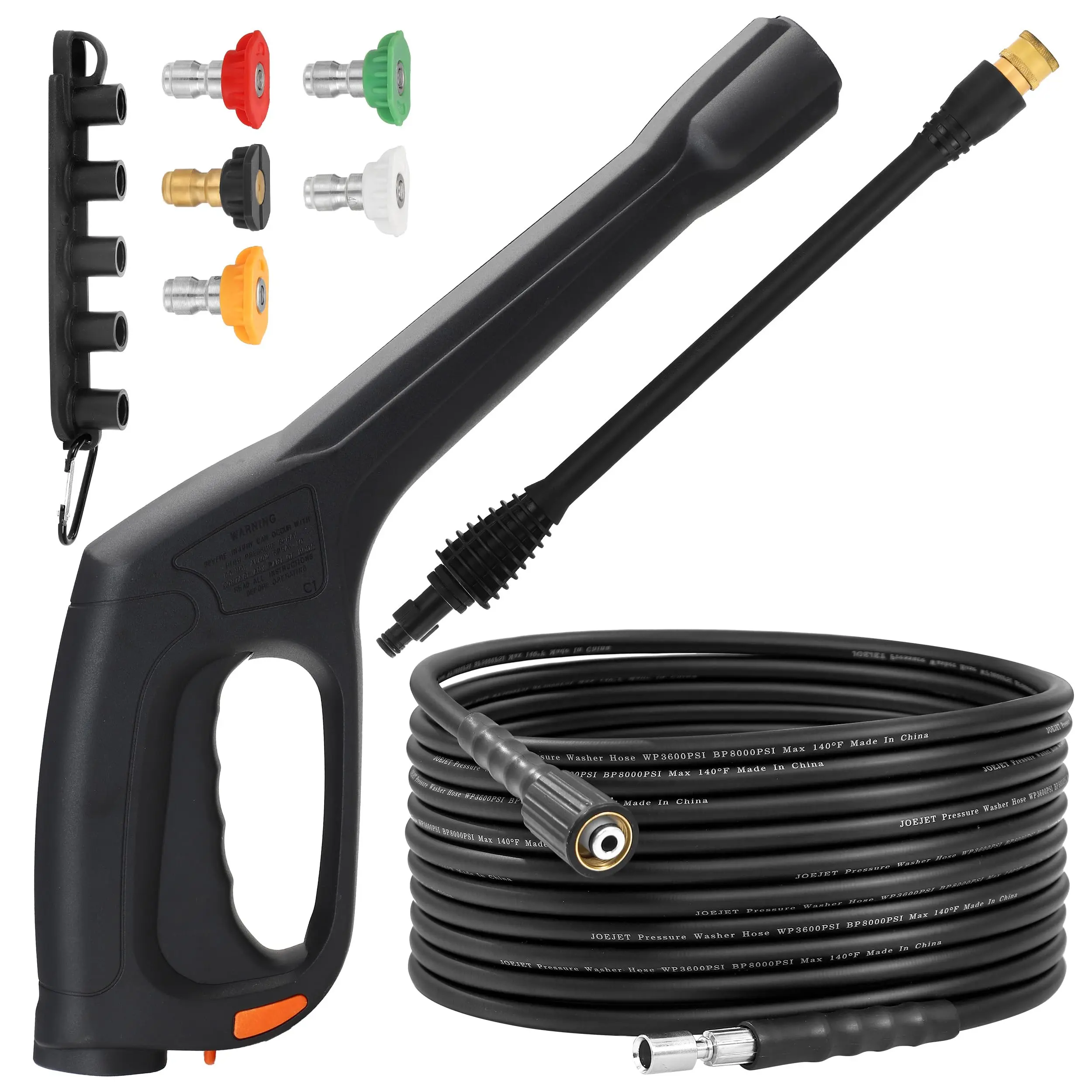 JOEJET Ergonomic Grip Pressure Washer Spray Gun and Hose Kit - 32FT Hose, Extension Wand, 5 Nozzle Tips, Dual Safety Design, Compatible with Select Portland, Husky, Black Decker, Ford, Pulsar, ShopForce, Taskforce Powerwashers for Vehicles, M22 Interface,