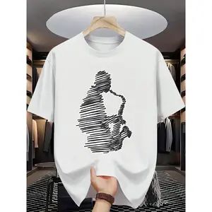 Men'S Saxophone Player Graphic T-Shirt |   White Jazz Music Tee - Soft Breathable, Casual Casual Attire, Machine Washable, Short Sleeve, Crew Neck, All-season, Perfect for Musicians and Band Members