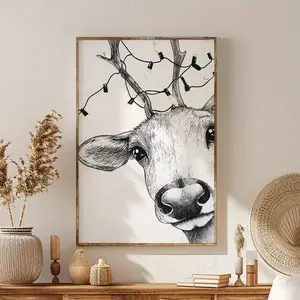 Christmas Reindeer Wall Art Poster, Cute Cartoon Canvas Print, Aesthetic Holiday Decor for Bedroom, Living Room & Dorm