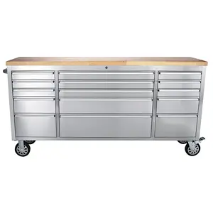 Silver 72‑Inch Rolling Tool Chest – 15 Drawers & Solid Wood Top, Heavy‑Duty Mobile Tool Cabinet with Lockable Wheels – Garage Workbench Storage Organizer
