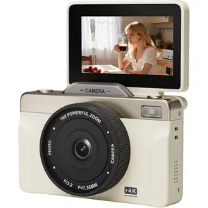 4K Digital Camera with 16X Zoom Anti Shake, 3" LCD 180? Flip Screen Compact Vlogging Camera with 32G SD-Card, White