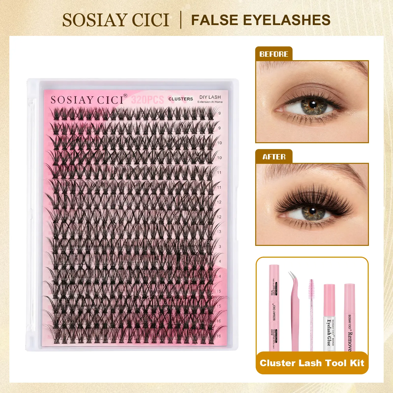 Lash Clusters Kit D Curl – Wispy Fluffy Individual Eyelash Extensions 9-16mm Mixed Length | DIY At-Home Set with Bond & Seal, Remover,Tweezers & Brush Easy Apply Long-Lasting Natural Coquette Soft Girl Doll Eye Daily Party Wedding Festival Women Beginners