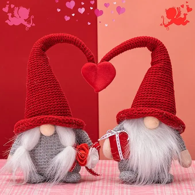 Mr & Mrs Conjoined Red Heart Gnome Plush Elf Decorations - 2PCS Handmade Swedish Tomte Dolls for Valentine's Day Home Table Ornament, Party Favor Gift