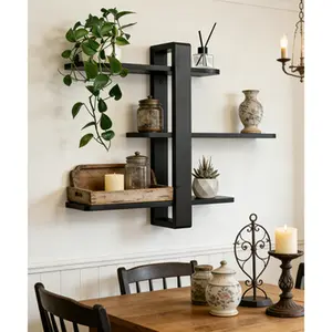 3-Tier Black Pine Wood Floating Wall Shelf, 20in Wall Mounted Storage & Display Shelving Unit for Living Room Bedroom Bathroom Office Home