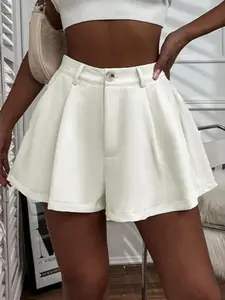 Women's Plain Pocket Button Shorts, Elegant High Waist Wide Leg Shorts for Summer, Women's Bottoms for Daily Wear