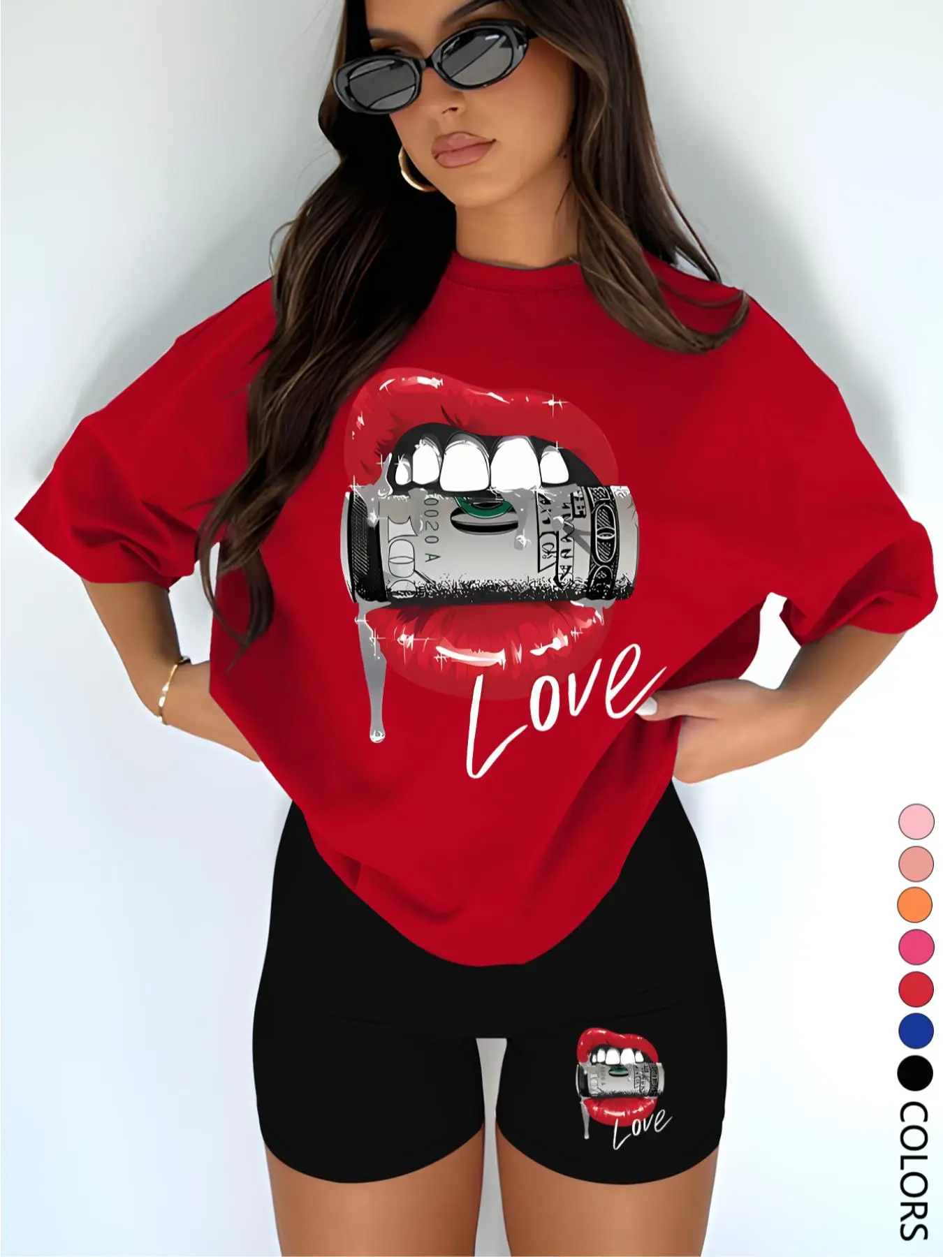Two-Piece Set Women's Money Print Short Sleeve Tee & Skinny Shorts, Casual Fashion Round Neck T-shirt & Shorts for Daily Outdoor Wear, Ladies Summer Clothes, Suits, Womenswear, Clothing Set, Tops Shorts Set