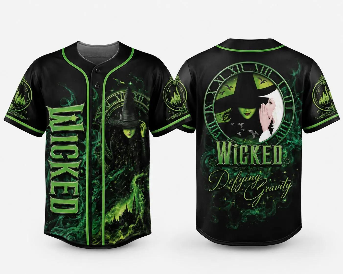 Wicked Defying Gravity Baseball Jersey, Elphaba Glinda Witch Graphic Button Up Shirt, Green Black Musical Inspired Halloween Jersey, Unisex Fantasy Costume Top, Wicked Fan Gift