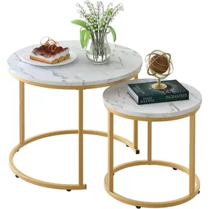 Coffee Table Nesting White Set of 2 Side Set Golden Frame Circular Round and Marble  Wooden Tables, Living Room Bedroom Apartment Modern Industrial Simple Nightstand