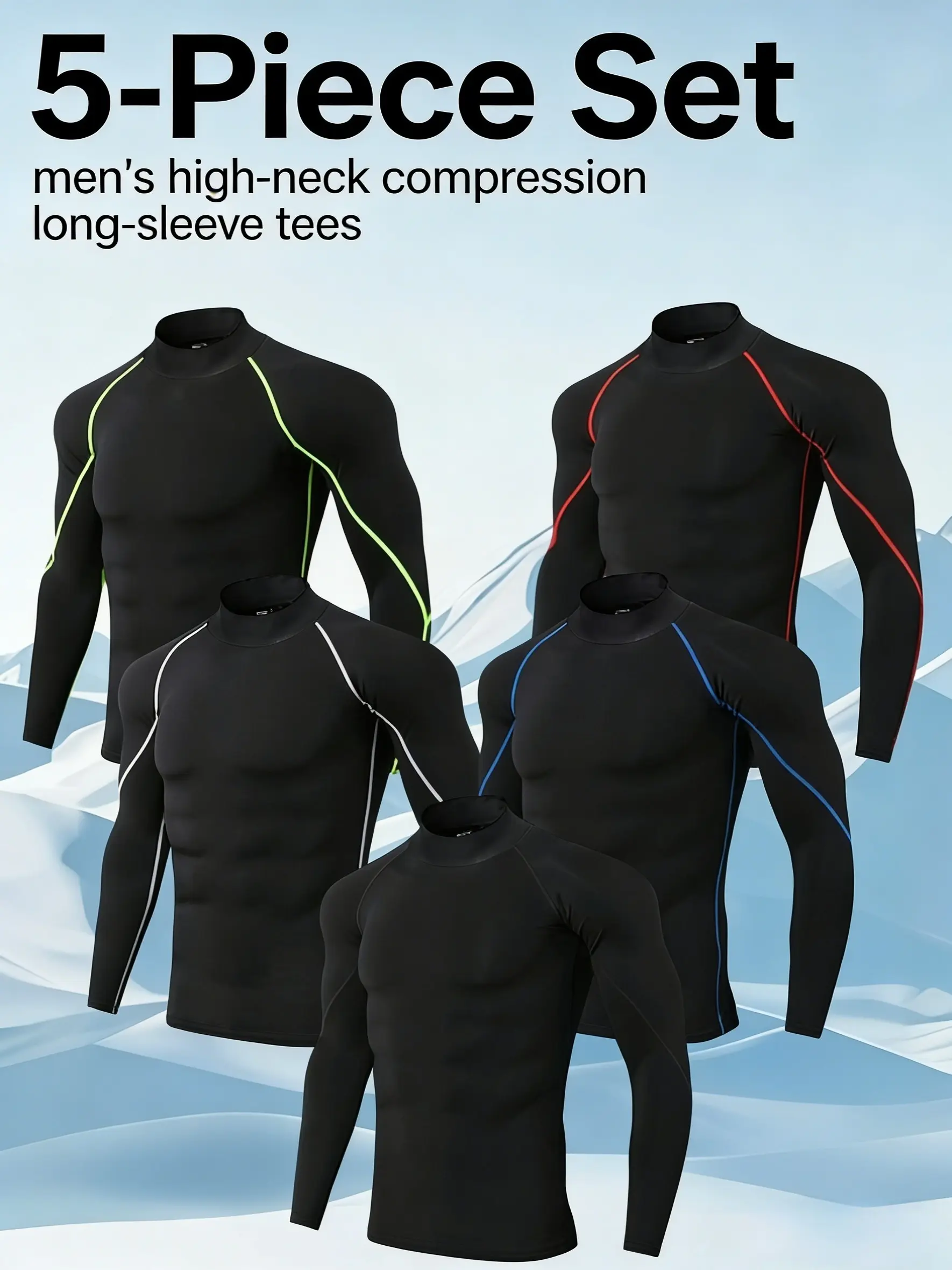 Men's 5-Pack High-Stretch Quick-Dry Turtleneck Compression Shirts, Sports Apparel, Athletic Athleisure Street Fit Tops for Summer Workouts Fitness Clothes Fitted Design Activewear,travel essentials,camping essentials