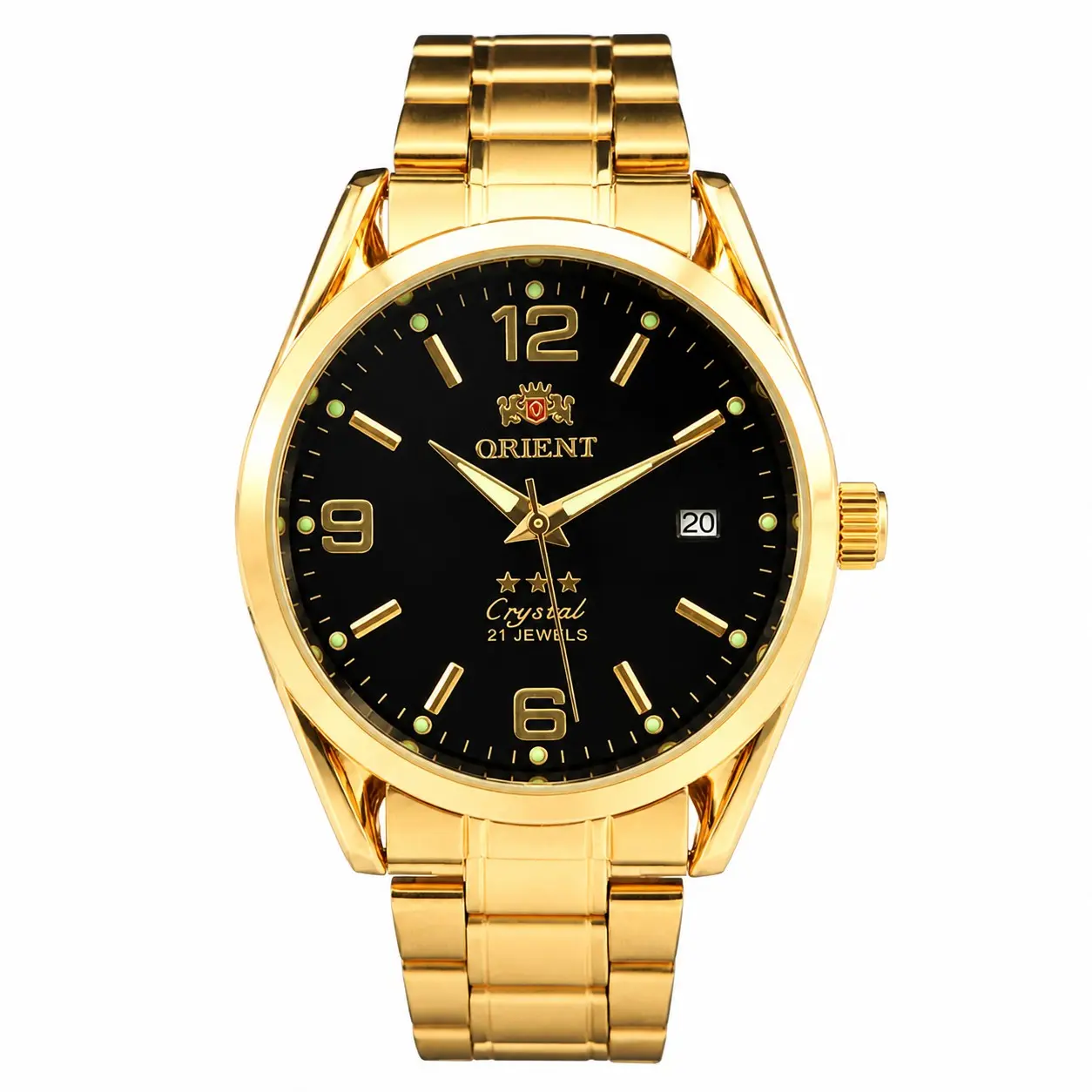 Luxury ORIENT 21 Jewels Crystal Quartz Watch Men Full Golden Steel Strap Luminous Scale Single Calendar Waterproof Business Dress Wrist Watch Classic Simple Male Clock Daily Office Birthday Gift for Men