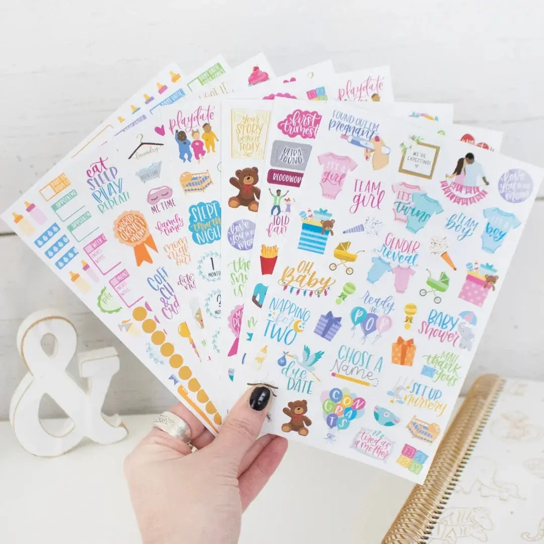 Bloom Planner Sticker Pack for Pregnancy & Baby's First Year - 8 Sheets, 580+ Unique Stickers, Hand-Drawn & Hand-Lettered, Perfect for Tracking & Memory Keeping - Custom Portable Durable