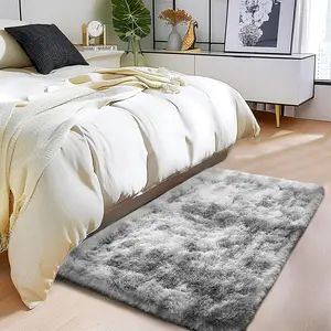 Anti-Skid Rectangular Fuzzy Rug Fluffy Rug for Living Room Non Slip Shag Fuzzy Rug for Nursery Tie Dyed Light Grey Rectangle