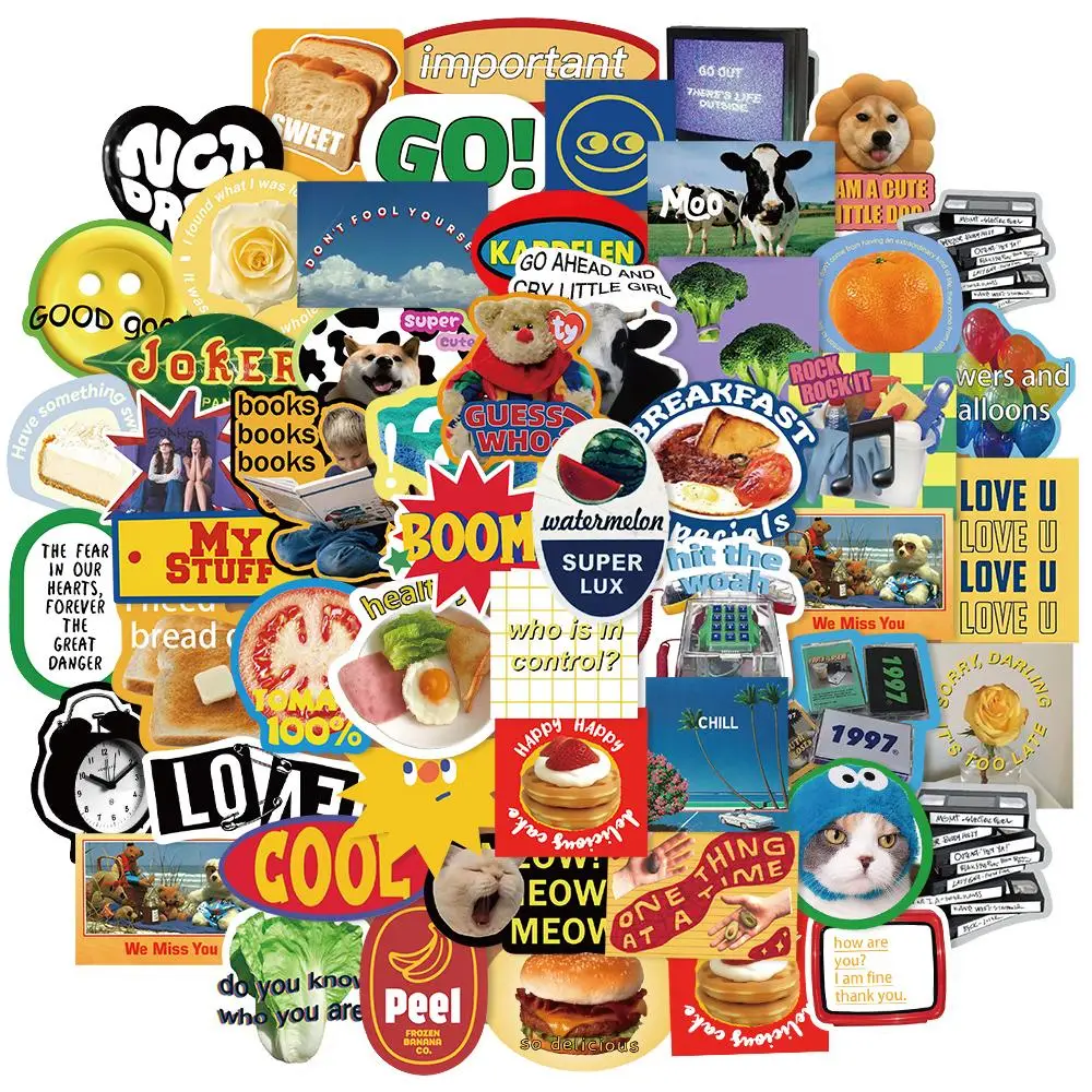 Cute Retro Sticker, 60pcs/set Waterproof Self Adhesive DIY Decor Sticker for Gift Greeting Card Water Bottle Laptop Phone Case Journal Scrapbooking, G