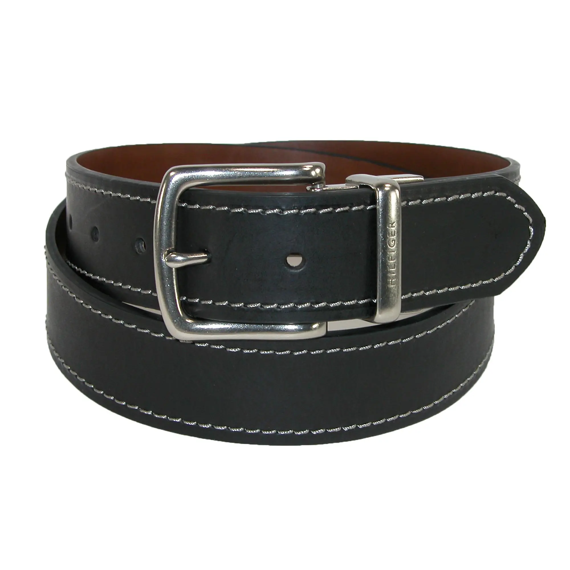 TOMMY HILFIGER Reversible Bridle Leather Belts for Men, 1.5 Inch, Black and Brown with Contrast Stitch, Waist Belt, Male, Black To Brown, Frame Buckle, Smooth Leather, Stitchwork