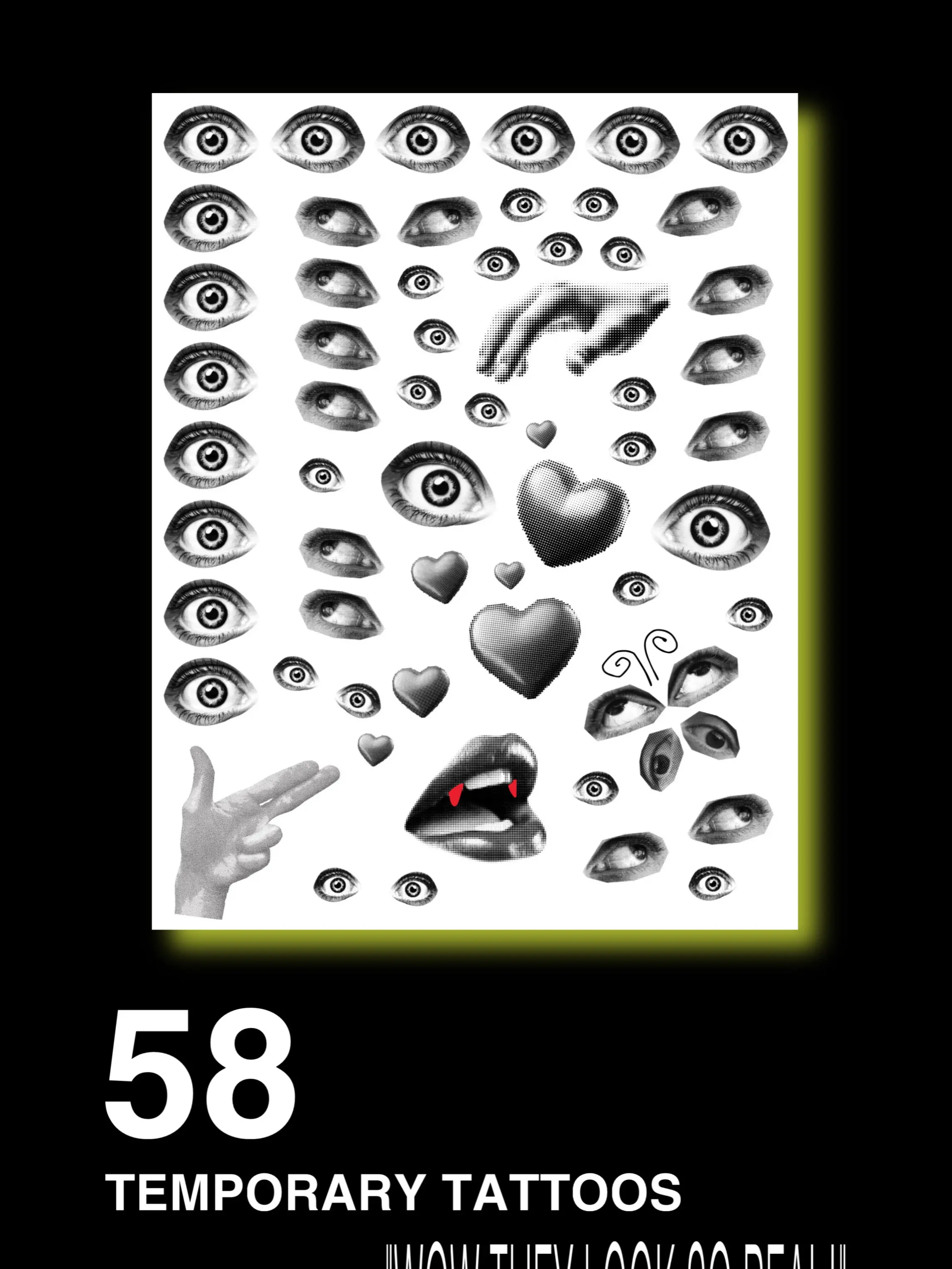 58pcs Y2K Weirdcore Tattoo Sheet | Eyes, Ears & Mouth Tattoo Pack