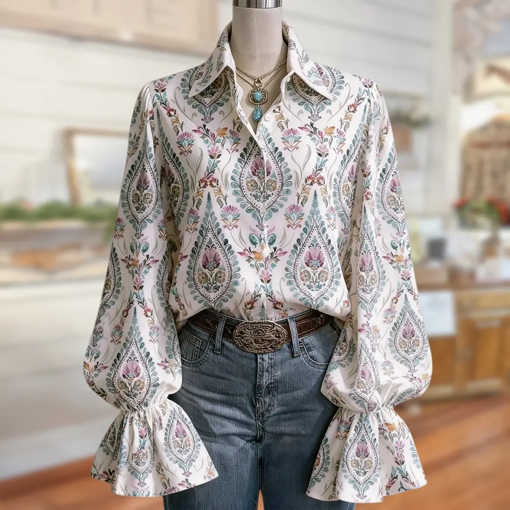 Sagevell Boho Floral Blouse for Women, Long Bell  Sleeve Printed Shirt, Casual Western Style Spring Top