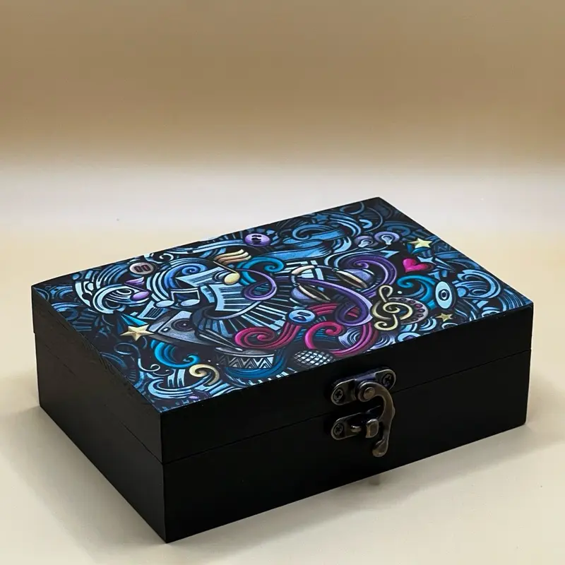 Chicago Custom Print Custom Memory Box - Music Collage Decorative Felt with Hinged Lid, Soft Felt Lining, 4x6 Inches, Durable UV-Printed Design Gift Organizer Wooden Container