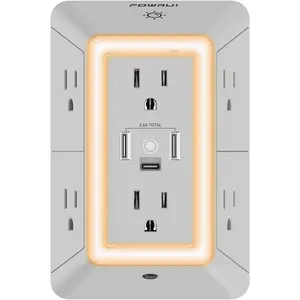 Power Strip Surge Protector - 6 AC Outlets with 3 USB Ports (1 USB C), Night Light, 3-Sided Multi Plug Wall Extender with Spaced Outlets - Grey, ETL Listed