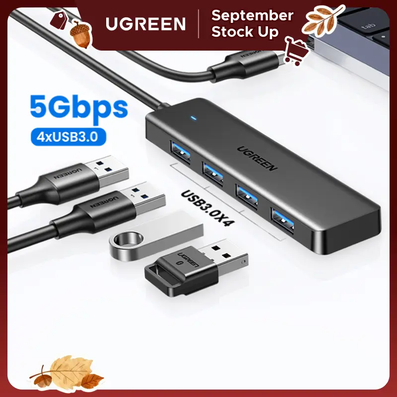 UGREEN 5Gbps USB 3.0 Ultra-Slim 4-Port Hub Splitter Adapter with USB C Interface & Type C Ports, Desk & PC Accessories, Compatible with PS5, PS5 Controller, Xbox, Mouse, Keyboard, Flash Drive