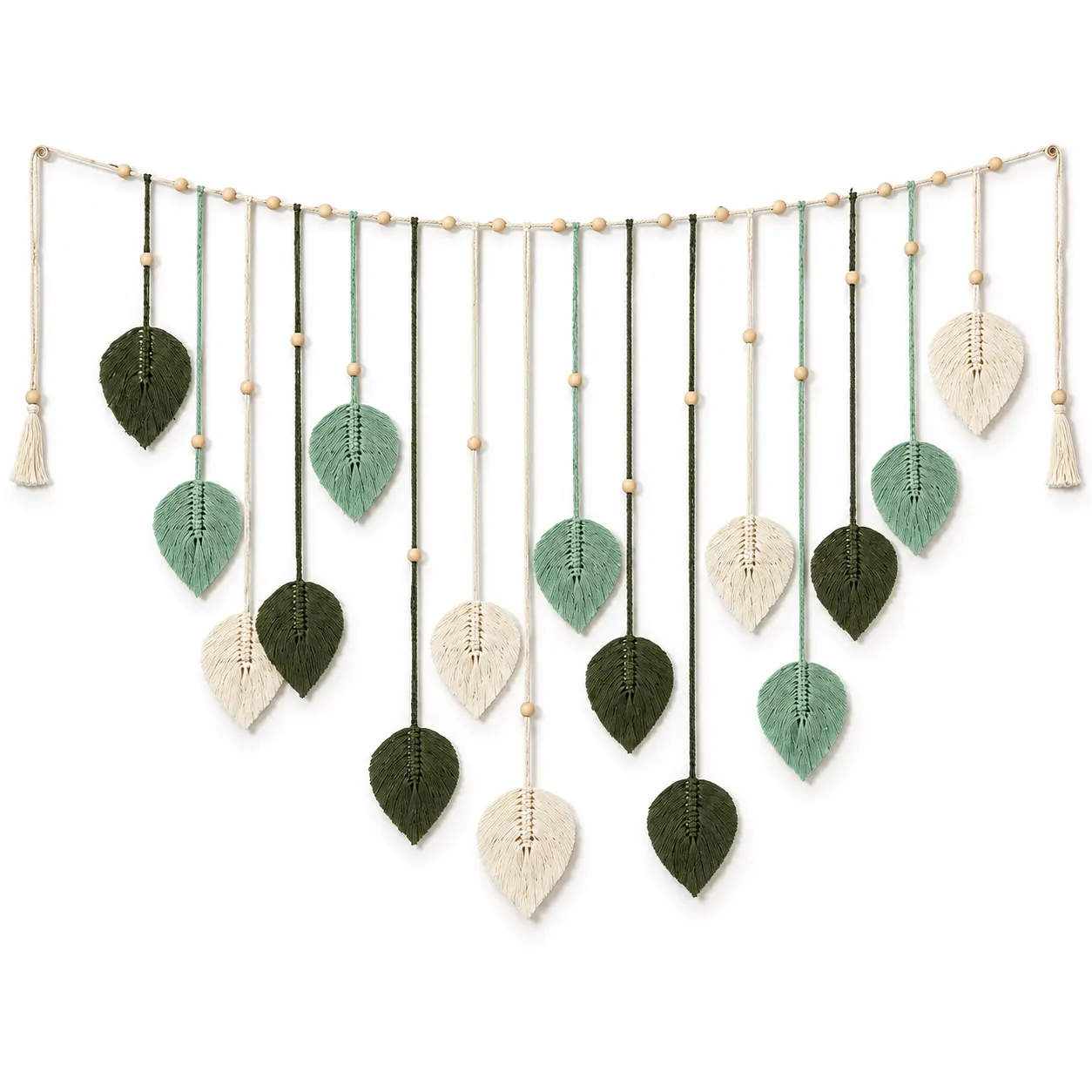 Boho Macrame Leaf Wall Hanging Photo Display with Wooden Clips & Beads, Green, Mint & Off-White, 47.2 x 29.5 in, Aesthetic Room Decor for Bedroom, Living Room & Dorm, Housewarming Gift