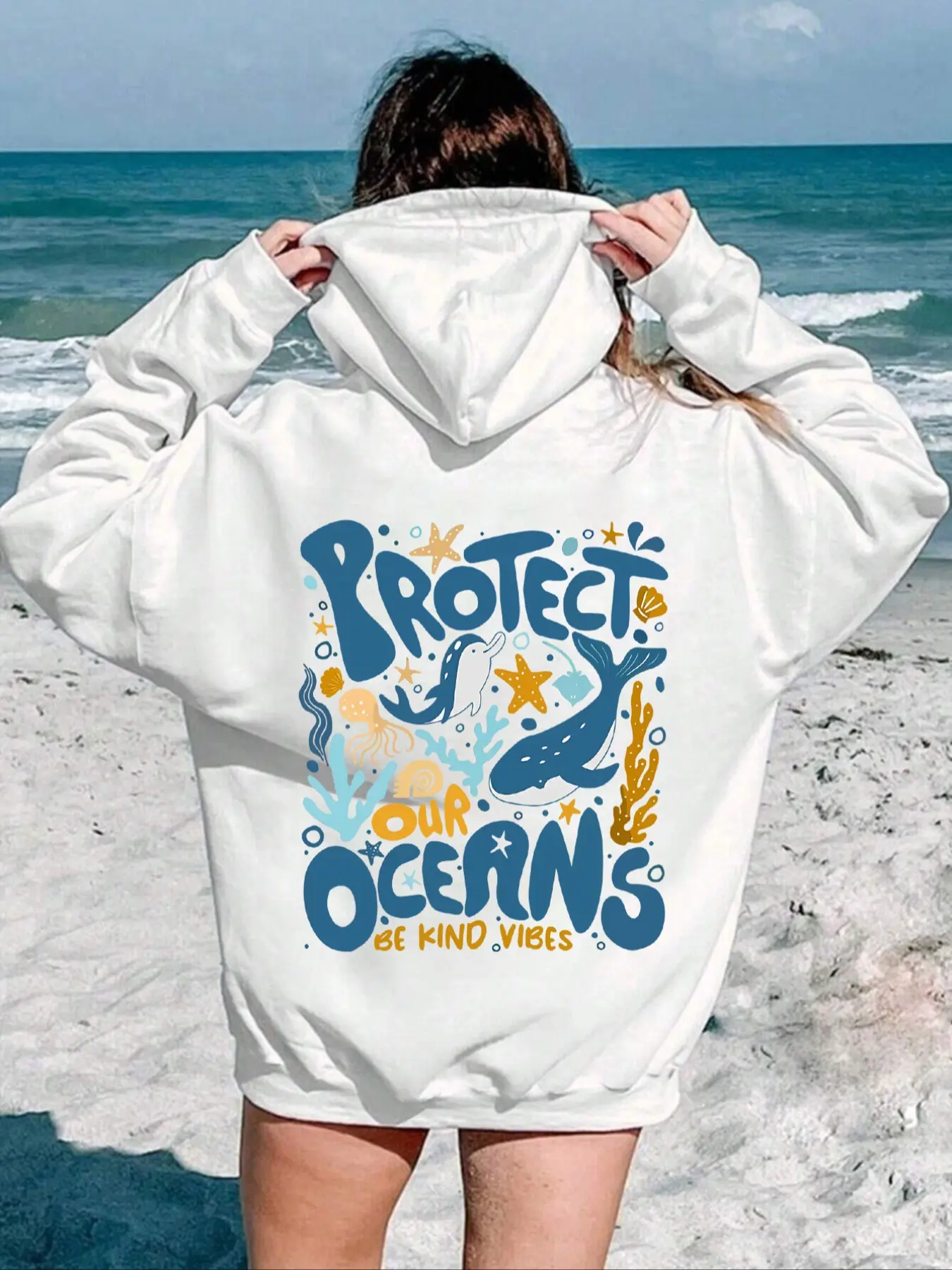 Chic Women's Dolphin Print Hoodie with Drawstring Detail & Pocket, Casual Long Sleeve Pullover, Fall Winter Wear