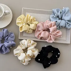Female Soft Fabric Scrunchie Set - Japanese-Style Satin Scrunchie with Pearl Accents, Bohemian Bird Nest Clips, Floral Print Berry Design for High Ponytails, Versatile Hair Accessory