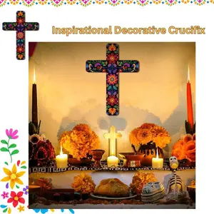 Floral Cross Wall Decor – Hand Painted Wooden Cross with Mexican Art Design – Inspirational Decorative Crucifix for Home, Room & Church Wall Decoration