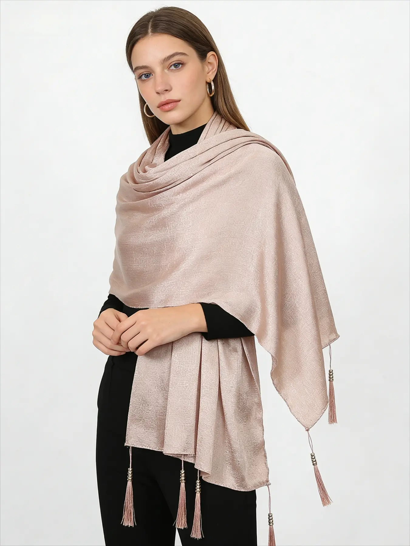The new satin fringe long Thin scarf with excellent drape, women's headscarf shawl, a fashionable item for spring and summer, Tassel Decor Scarf