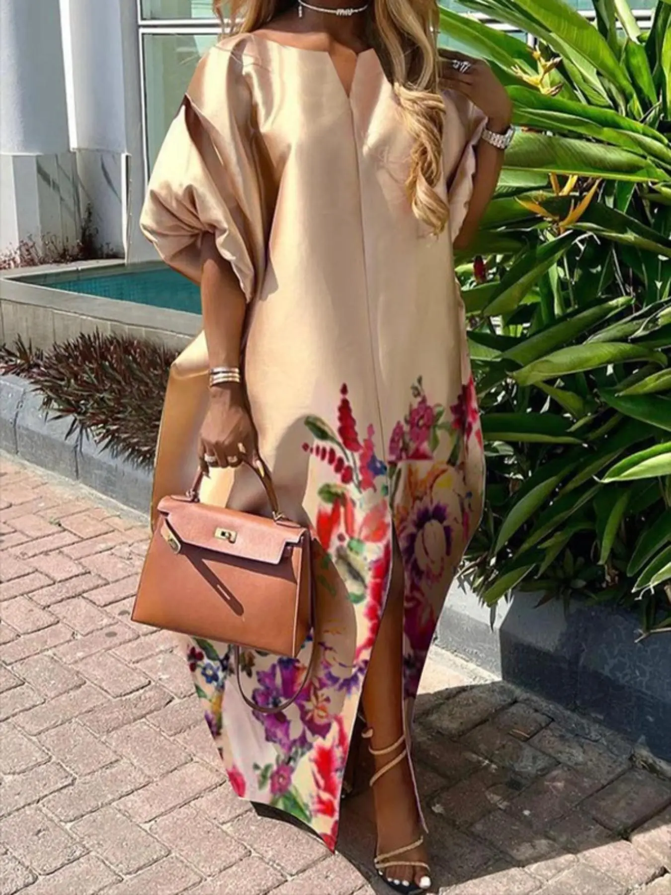 Women's Floral Print Split Hem Notched Neck Dress, Boho Fashion Aesthetic Fit Casual Batwing Sleeve Long Dress for Summer Daily Holiday Vacation Wear, Ladies Dress for All Seasons