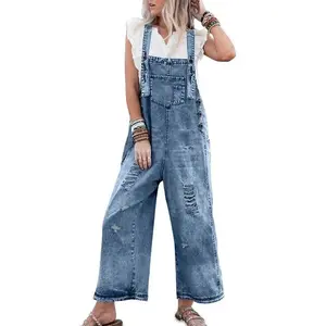 Women’s ripped linen pocket denim overalls/workwear, casual and comfortable wide-leg overalls/workwear, denim jumpsuit, all-season women’s clothing, women’s jumpsuit GARMENTARY
