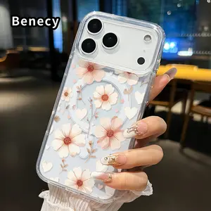 Transparent Case for iPhone 17 16  Pro Max Plus 15 14 13 12 11 Air E Floral Heart Dream  Strong Magnetic Attraction Acrylic Back Soft Edges Full Coverage Back Cover