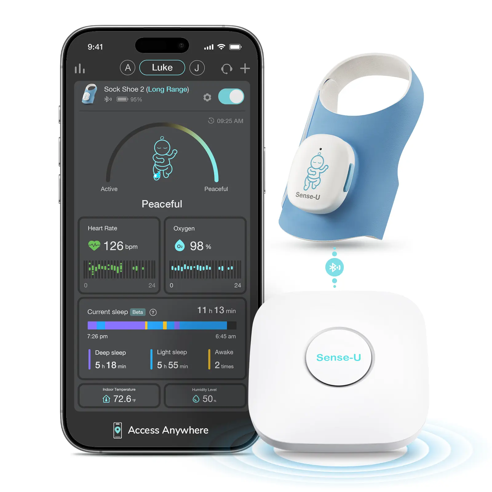 Sense-U Smart Sock Shoe 2 Long Range Baby Monitor with Base Station, Baby Sleep and Movement Tracker, PPG Foot Sensor, Temperature and Humidity Display