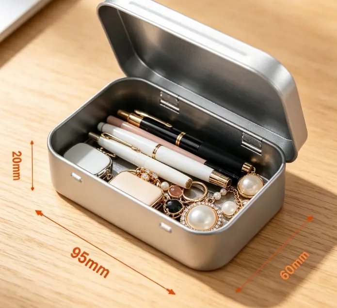 Single Rectangular Silver Metal Hinged Lid Storage Tin Box - 95x60x20mm Portable Containers with Lids, Box Organiser for Home, Office Use, Accessory